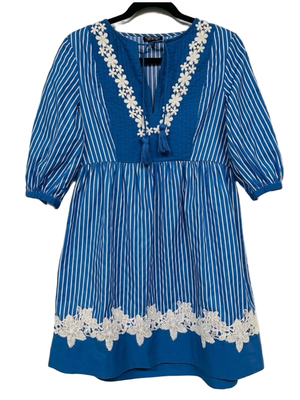 TopShop stripe Folk dress Size 2 blue white stripe lace